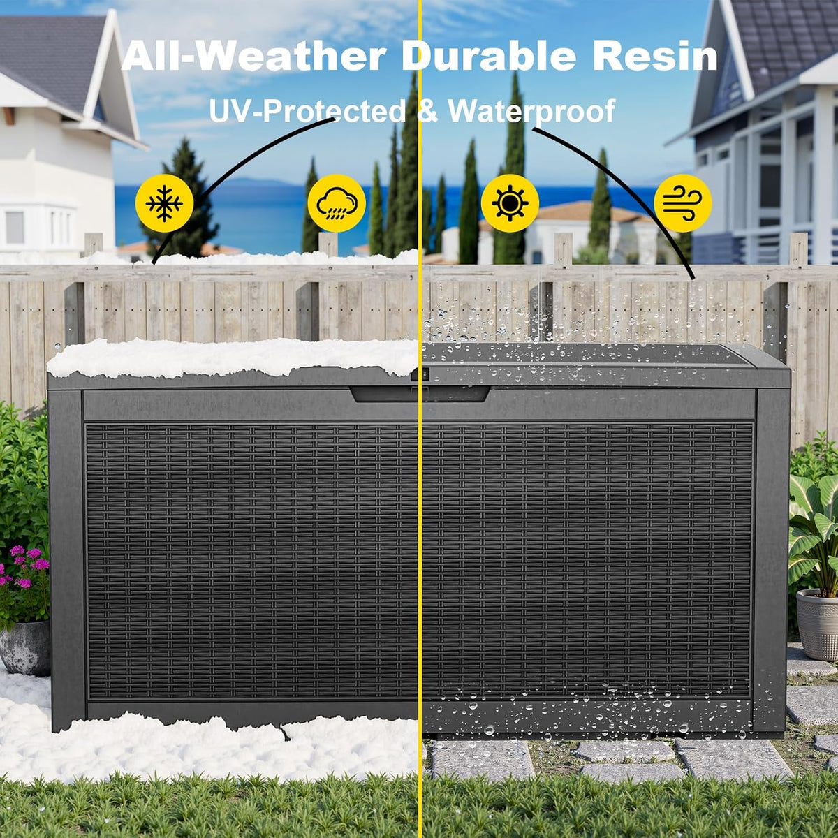 PatioZen 150 Gallon Resin Deck Box, Lockable Patio Outdoor Storage Box for Furniture, Garden Tools and Tools Storage, Waterproof Outside Storage Boxes - Black
