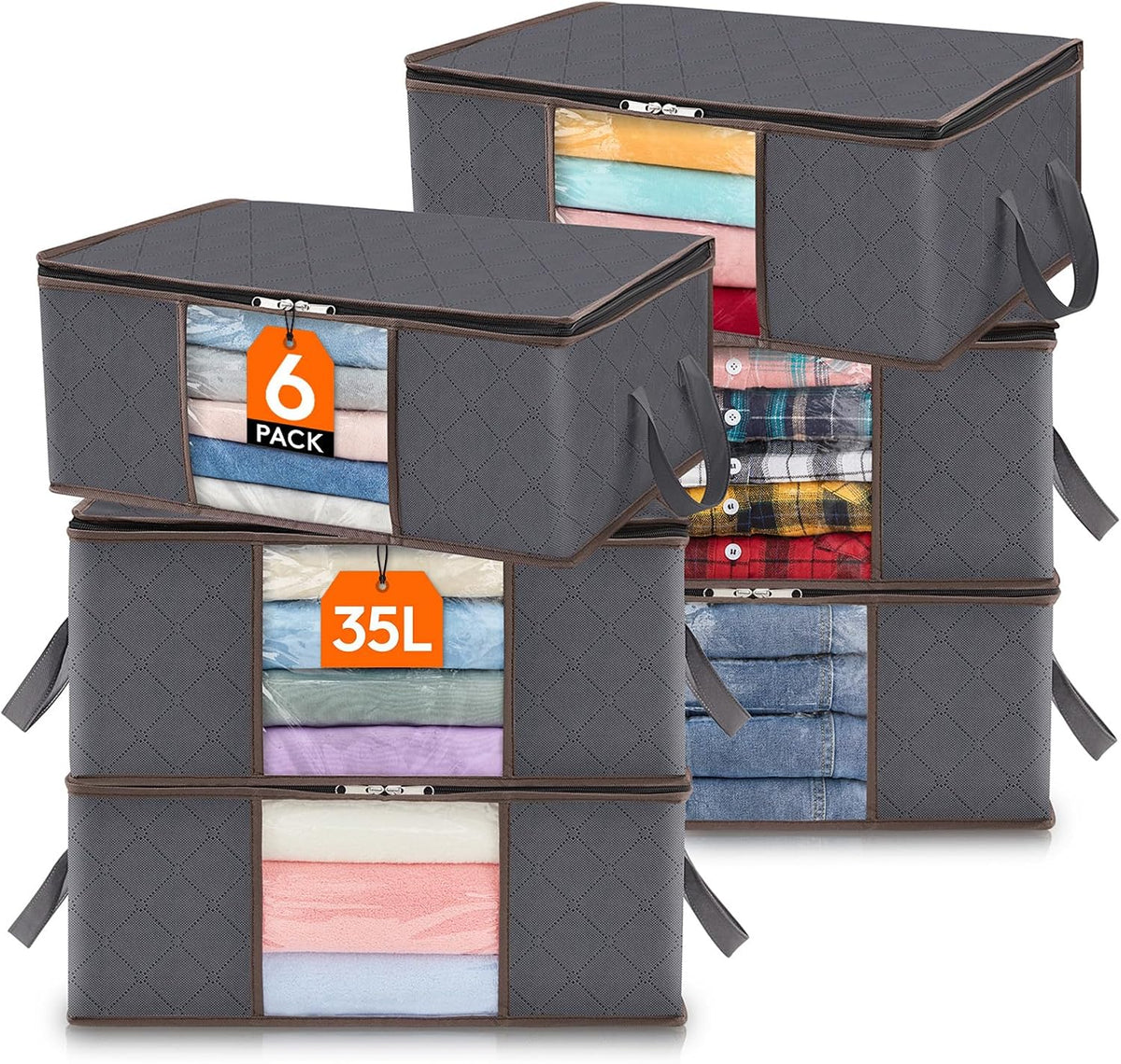 Lifewit 6 Pack Clothes Storage Bins with Lids, Foldable Blanket Storage Bags with Zippers, Clear Window and Reinforced Handles, Closet and Organization for Clothing, Sweater, Comforter, Bedding