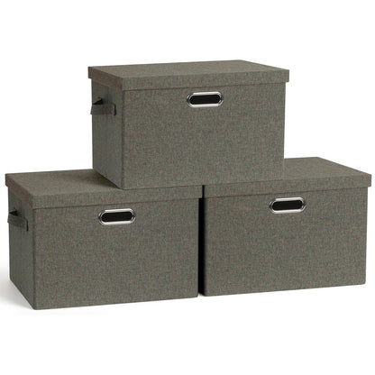 Graciadeco Large Quart Collapsible Stackable Storage Bins with Lids, 3 Packs Beige Linen Fabric Closet Boxes with Lids, Storage Cube Baskets Container Organizers for Bedroom Office(16.6 x 11.7 x 10.8)