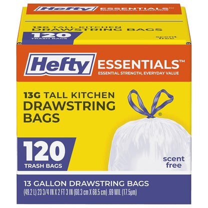 Hefty Essentials 13 Gallon Kitchen Trash Bags, White, Unscented, 120ct