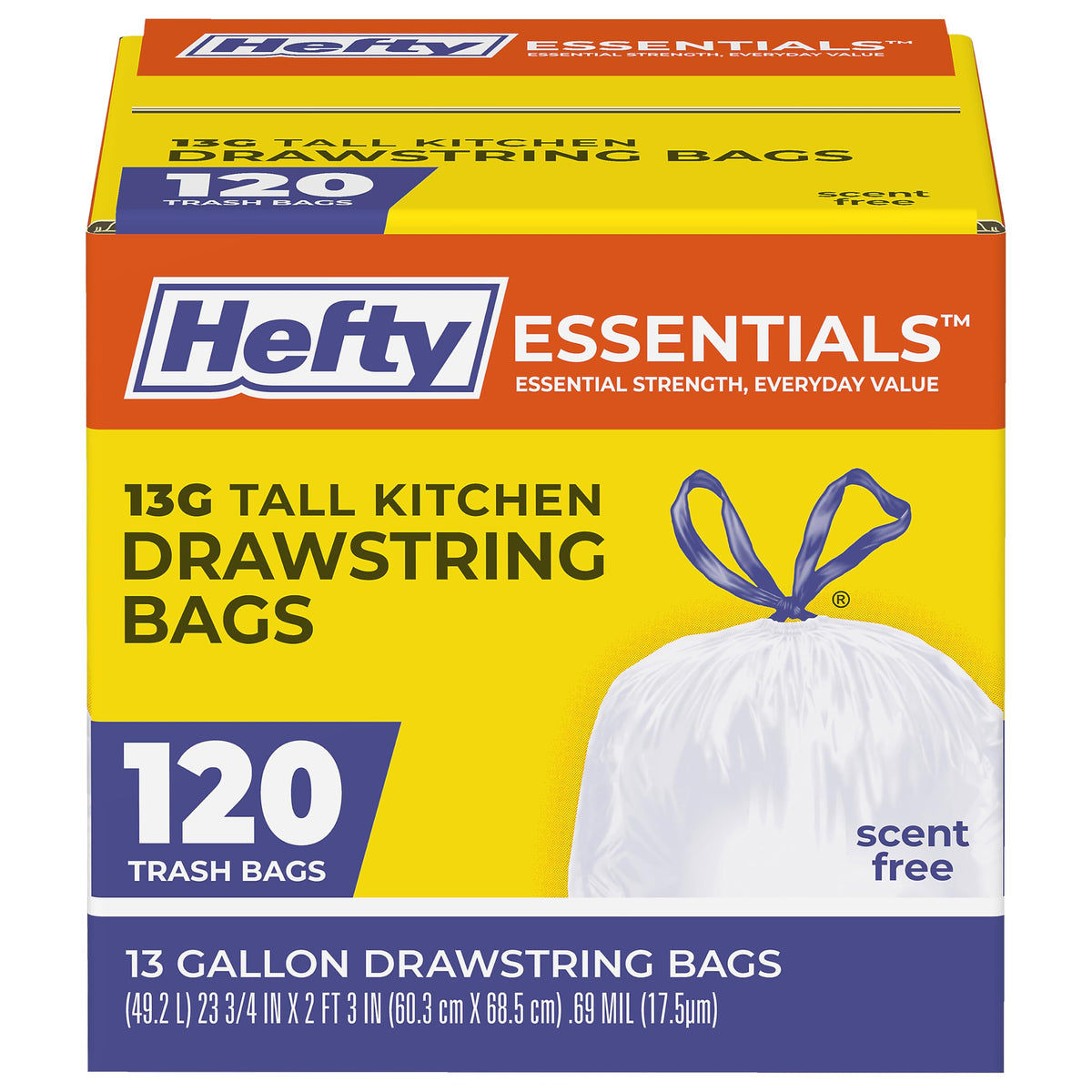 Hefty Essentials 13 Gallon Kitchen Trash Bags, White, Unscented, 120ct