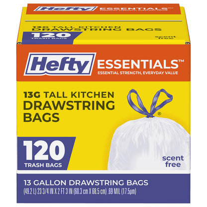 Hefty Essentials 13 Gallon Kitchen Trash Bags, White, Unscented, 120ct