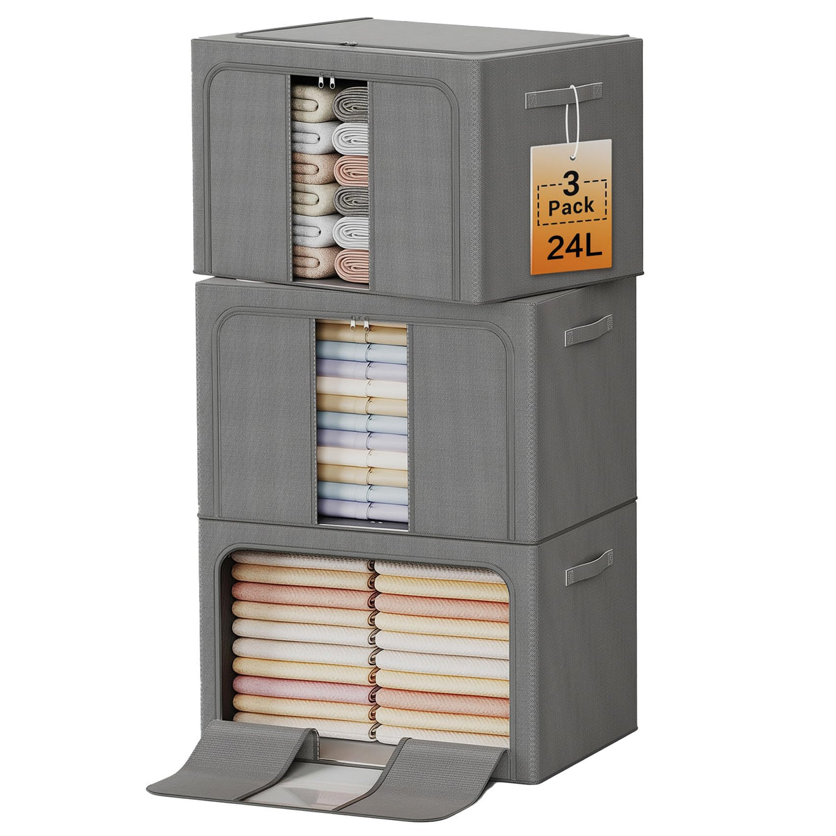 Clothes Storage Bins with Metal Frame Foldable Storage Box Clothes Organizers Storage Containers for Clothes Sheets Blankets Books Toys Gifts and Holiday Decorations (66Lx3 Pack)