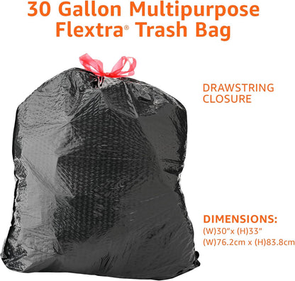 Amazon Basics 30 Gallon Flextra Strength Multipurpose Drawstring Trash Bags, 20% Post Consumer Recycled Material, Tear Resistant, Black, 50 Count