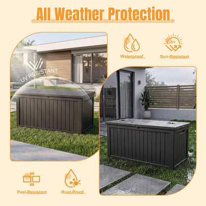 Outdoor Storage Box, 360 Gallon Waterproof Resin Deck Box with Support Rod