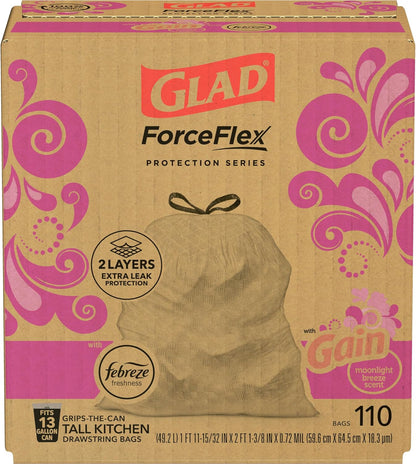 Glad ForceFlex Tall Kitchen Trash Bags, 13 Gal, Gain Moonlight Breeze, 110 Ct, Pack May Vary