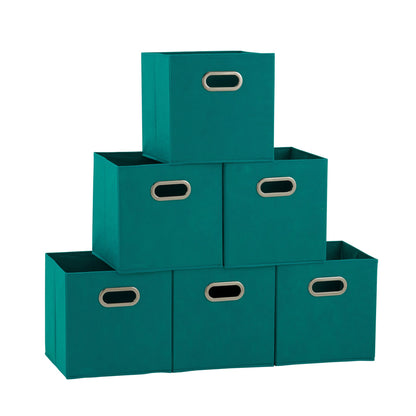 Household Essentials Foldable Fabric Storage Bins 6 Piece Set, Strong Poly-Woven Fabric, Sturdy Chipboard Sides, Grommet Front Handle, Stackable, Classic Design, Black