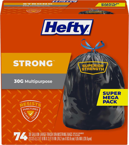 Hefty Strong 30 Gallon Trash Bags, Large Trash Bags 30 Gallon Size, Durable Drawstring Enclosure, Resists Punctures, Leaks, and Tears, Black, Unscented, 56 Bags