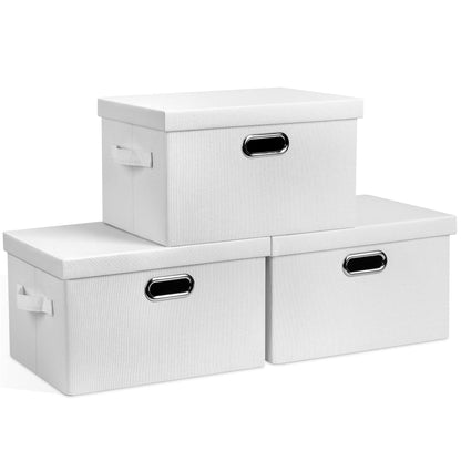 Graciadeco Large Quart Collapsible Stackable Storage Bins with Lids, 3 Packs Beige Linen Fabric Closet Boxes with Lids, Storage Cube Baskets Container Organizers for Bedroom Office(16.6 x 11.7 x 10.8)
