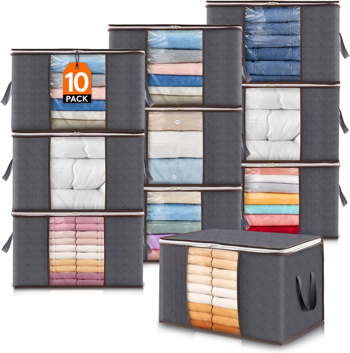 Lifewit 6 Pack Clothes Storage Bins with Lids, Foldable Blanket Storage Bags with Zippers, Clear Window and Reinforced Handles, Closet and Organization for Clothing, Sweater, Comforter, Bedding