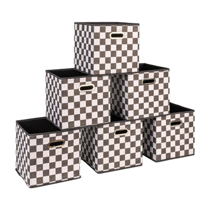 Household Essentials Foldable Fabric Storage Bins 6 Piece Set, Strong Poly-Woven Fabric, Sturdy Chipboard Sides, Grommet Front Handle, Stackable, Classic Design, Black