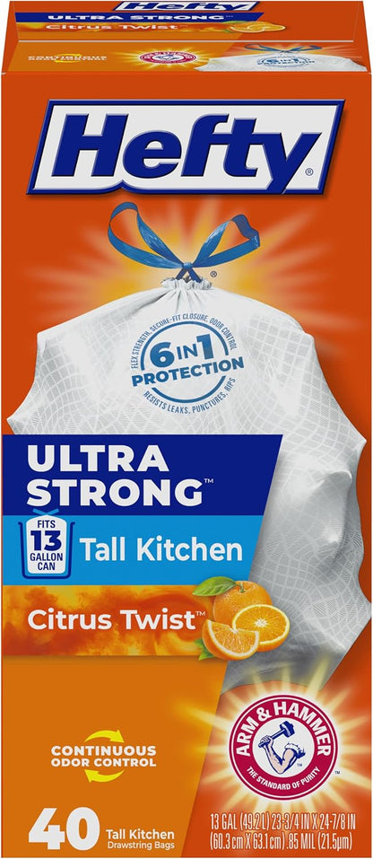 Hefty Ultra Strong Tall Kitchen Trash Bags - Citrus Twist, 13 Gallon, 40 Count