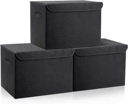 Bagnizer Large 17" 42 Quarts Collapsible Stackable Storage Bins with Lids [3-Pack] Foldable Fabric Linen Storage Boxes Cube, Closet Organizer Baskets with Label (16.7 x 12 x 12, Black)