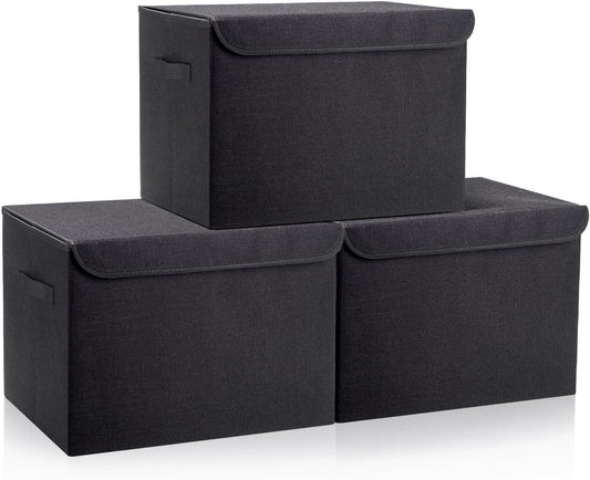 Bagnizer Large 17" 42 Quarts Collapsible Stackable Storage Bins with Lids [3-Pack] Foldable Fabric Linen Storage Boxes Cube, Closet Organizer Baskets with Label (16.7 x 12 x 12, Black)