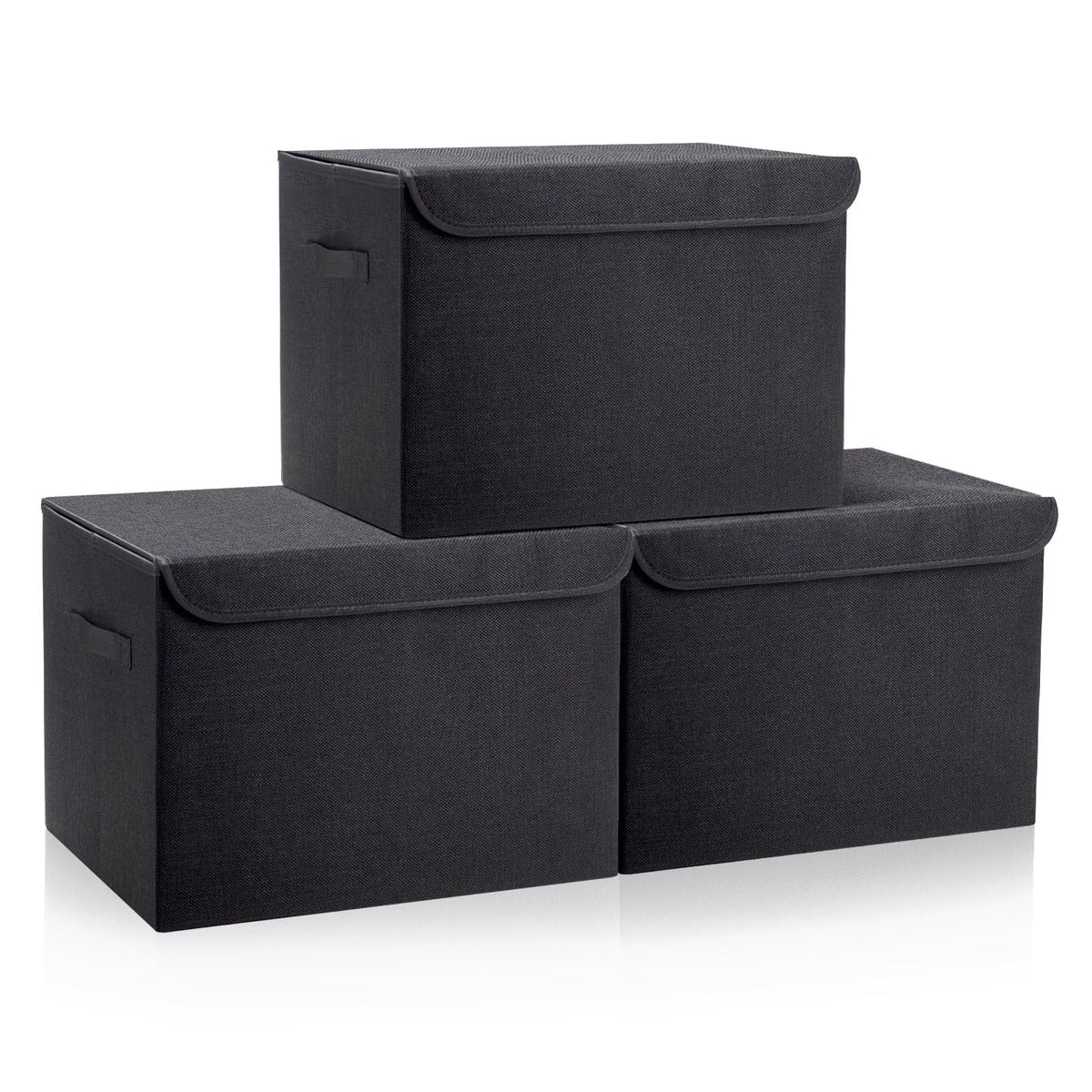Bagnizer Large 17" 42 Quarts Collapsible Stackable Storage Bins with Lids [3-Pack] Foldable Fabric Linen Storage Boxes Cube, Closet Organizer Baskets with Label (16.7 x 12 x 12, Black)