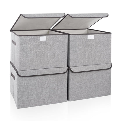 Bagnizer Large 17" 42 Quarts Collapsible Stackable Storage Bins with Lids [3-Pack] Foldable Fabric Linen Storage Boxes Cube, Closet Organizer Baskets with Label (16.7 x 12 x 12, Black)
