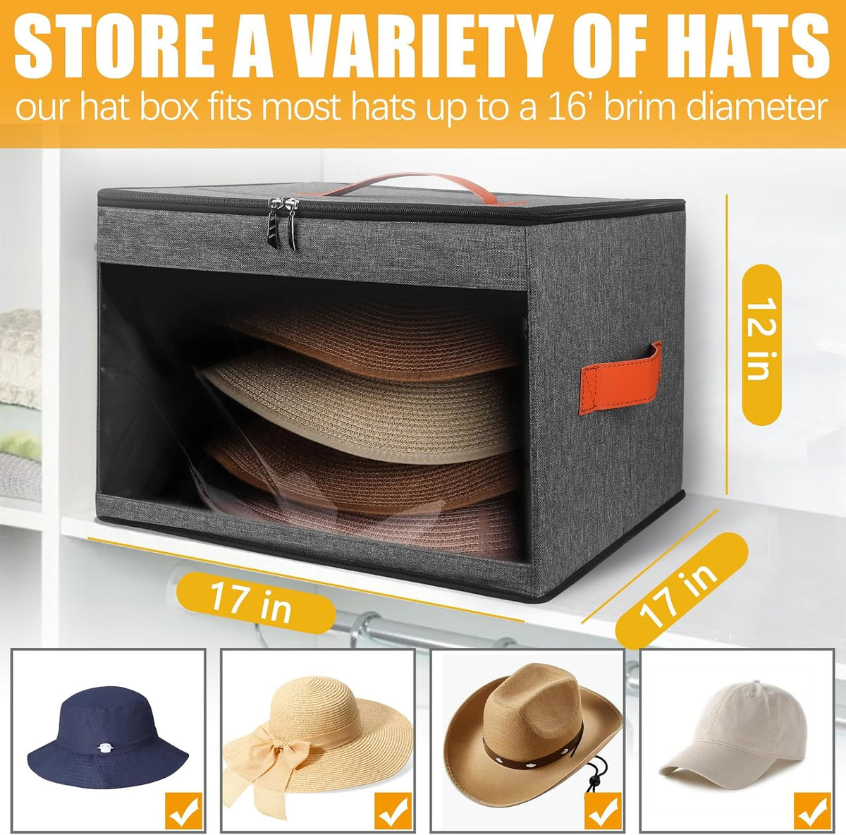 kushon Upgraded Hat Storage Box for Women & Men,Closet Hat Boxes Organizer Bag with Dustproof Lids,Cowboy Hat Box,Hat Carrier Case For Travel