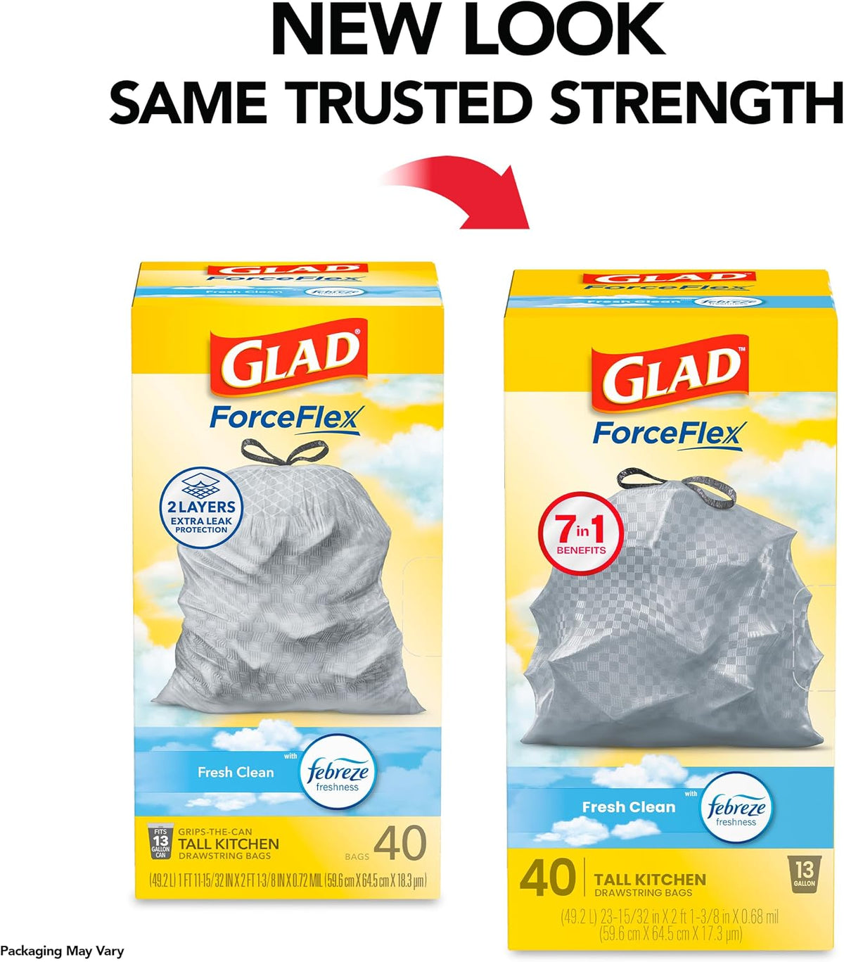Glad Trash Bags, ForceFlex Tall Kitchen Drawstring Garbage Bags, Fresh Clean, 13 Gal, 40 Ct (Package May Vary)
