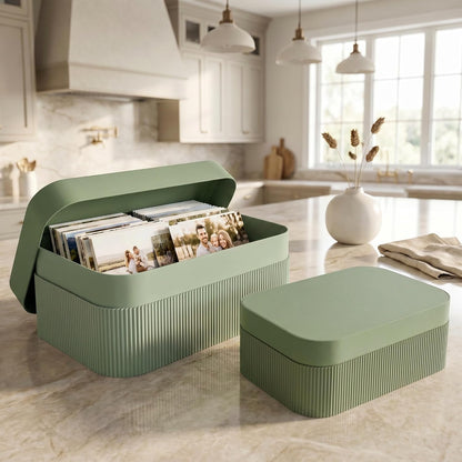 Decorative Storage Boxes with Lids - Set of 2 Fluted Photo Organizer Bins