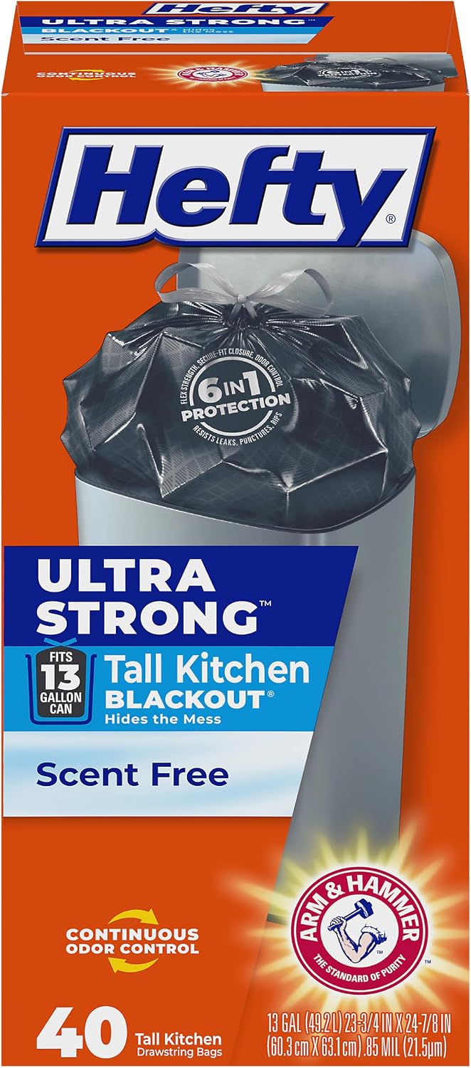 Hefty Ultra Strong 13 Gal Kitchen Trash Bags, Black, Unscented, 40ct
