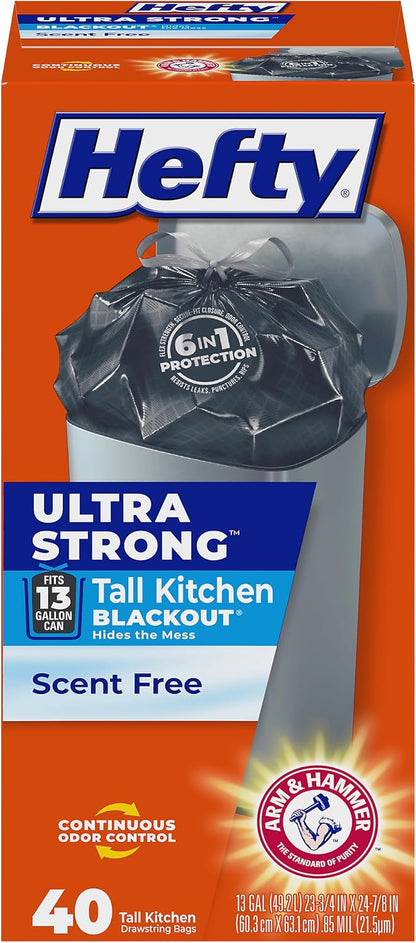 Hefty Ultra Strong 13 Gal Kitchen Trash Bags, Black, Unscented, 40ct