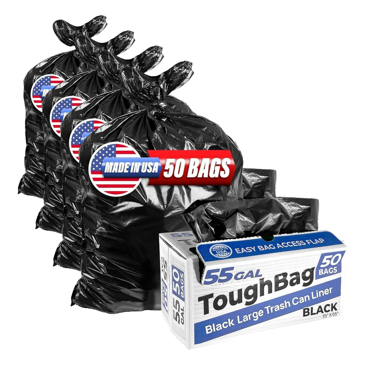 ToughBag 55 Gallon Heavy Duty Contractor Trash Bags, 50 Ct, Black, 1.2 Mil