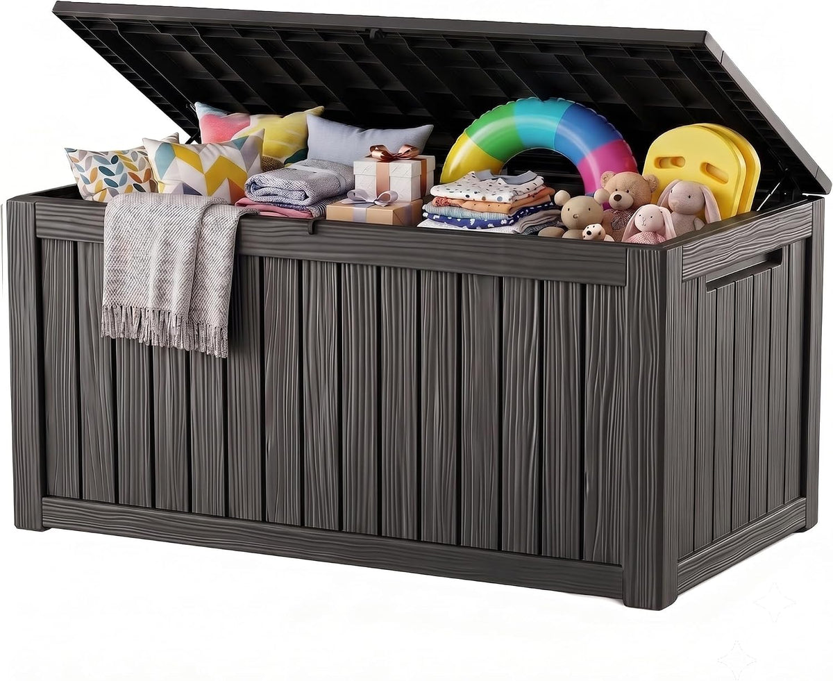 Outdoor Storage Box, 300 Gallon Waterproof Resin Deck Box with Support Rod