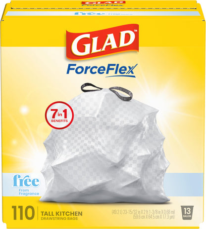 Glad ForceFlex Tall Kitchen Trash Bags, 13 Gallon, Fragrance Free, 110 Count (Package May Vary)