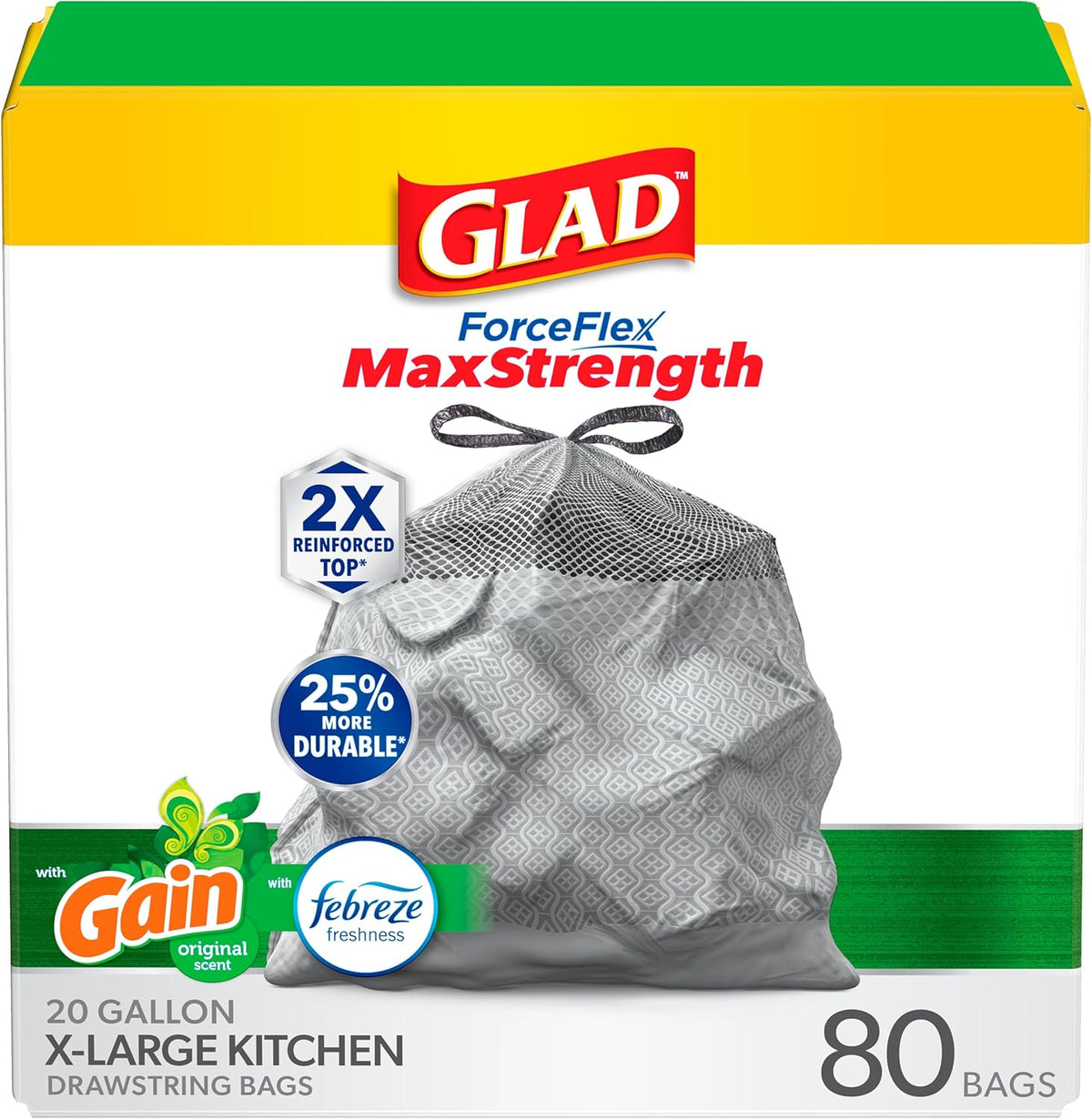 Glad ForceFlex MaxStrength Drawstring XL Kitchen Trash Bags, 20 Gal, Gain, 80 Ct (Package May Vary)