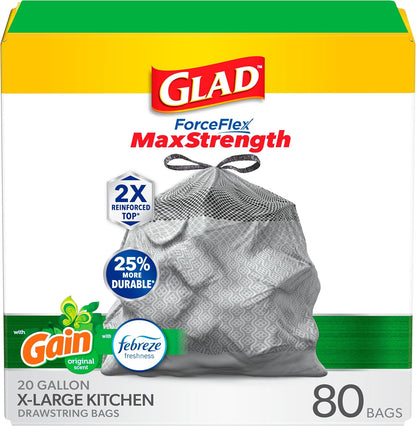 Glad ForceFlex MaxStrength Drawstring XL Kitchen Trash Bags, 20 Gal, Gain, 80 Ct (Package May Vary)