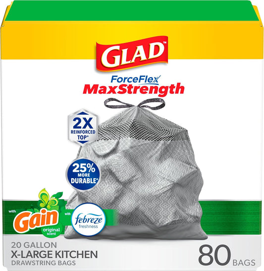 Glad ForceFlex MaxStrength Drawstring XL Kitchen Trash Bags, 20 Gal, Gain, 80 Ct (Package May Vary)