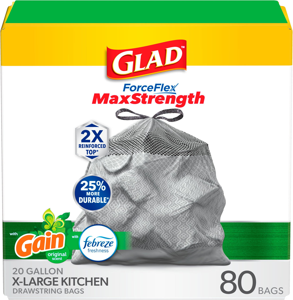 Glad ForceFlex MaxStrength Drawstring XL Kitchen Trash Bags, 20 Gal, Gain, 80 Ct (Package May Vary)