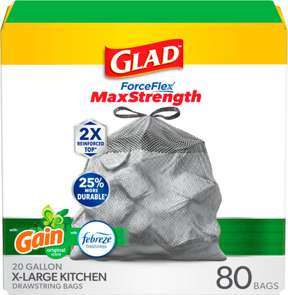 Glad ForceFlex MaxStrength Drawstring XL Kitchen Trash Bags, 20 Gal, Gain, 80 Ct (Package May Vary)