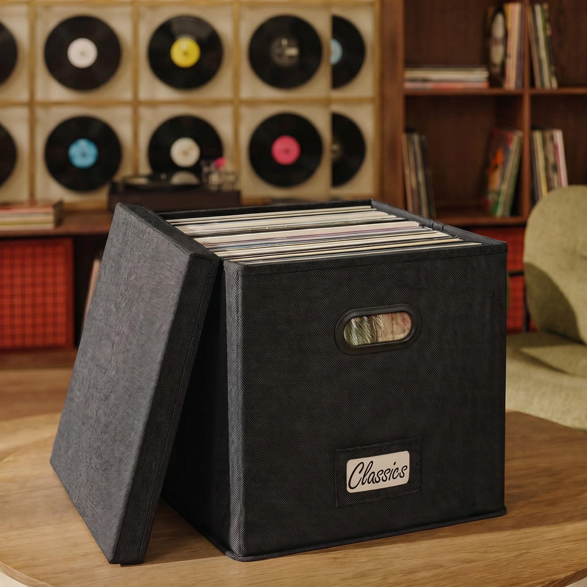 Decorative Vinyl Record Storage Box for 50+ Single Records - LP Holder