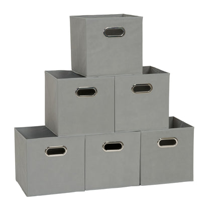 Household Essentials Foldable Fabric Storage Bins 6 Piece Set, Strong Poly-Woven Fabric, Sturdy Chipboard Sides, Grommet Front Handle, Stackable, Classic Design, Black