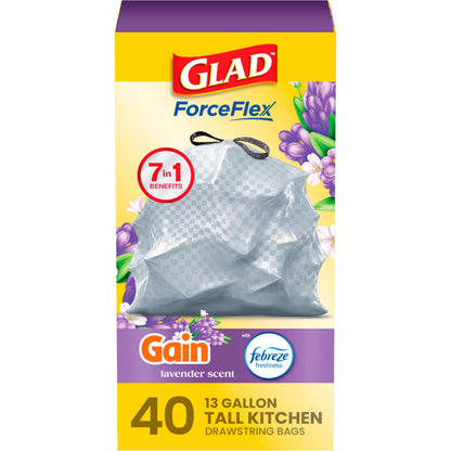 Glad ForceFlex Tall Kitchen Trash Bags, 13 Gallon, Gain Lavender, 40 Count (Package May Vary)