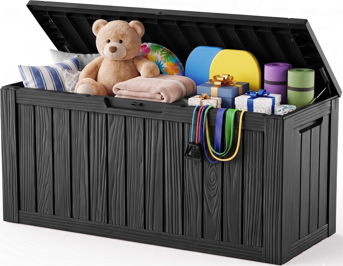 Outdoor Storage Box, 360 Gallon Waterproof Resin Deck Box with Support Rod
