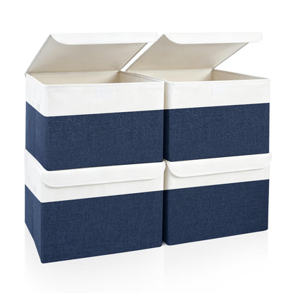 Bagnizer Large 17" 42 Quarts Collapsible Stackable Storage Bins with Lids [3-Pack] Foldable Fabric Linen Storage Boxes Cube, Closet Organizer Baskets with Label (16.7 x 12 x 12, Black)