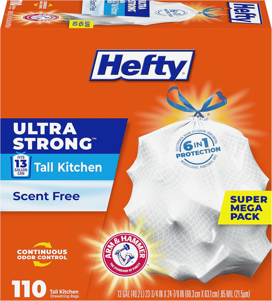 Hefty Ultra Strong 13 Gal Kitchen Trash Bags, White, Unscented, 110ct