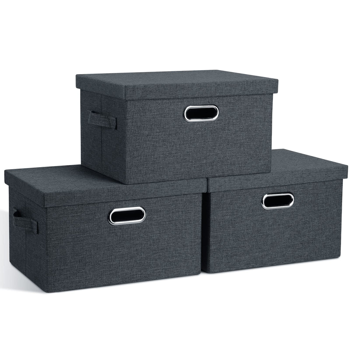 Graciadeco Large Quart Collapsible Stackable Storage Bins with Lids, 3 Packs Beige Linen Fabric Closet Boxes with Lids, Storage Cube Baskets Container Organizers for Bedroom Office(16.6 x 11.7 x 10.8)