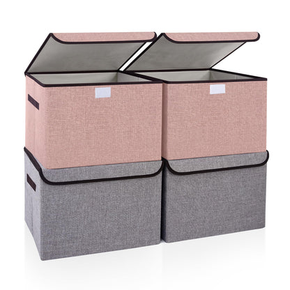 Bagnizer Large 17" 42 Quarts Collapsible Stackable Storage Bins with Lids [3-Pack] Foldable Fabric Linen Storage Boxes Cube, Closet Organizer Baskets with Label (16.7 x 12 x 12, Black)