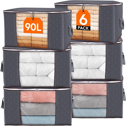 Lifewit 6 Pack Clothes Storage Bins with Lids, Foldable Blanket Storage Bags with Zippers, Clear Window and Reinforced Handles, Closet and Organization for Clothing, Sweater, Comforter, Bedding
