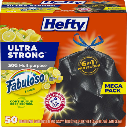 Hefty Ultra Strong 30 Gal Large Trash Bags, Black, Fabuloso Lemon, 50ct
