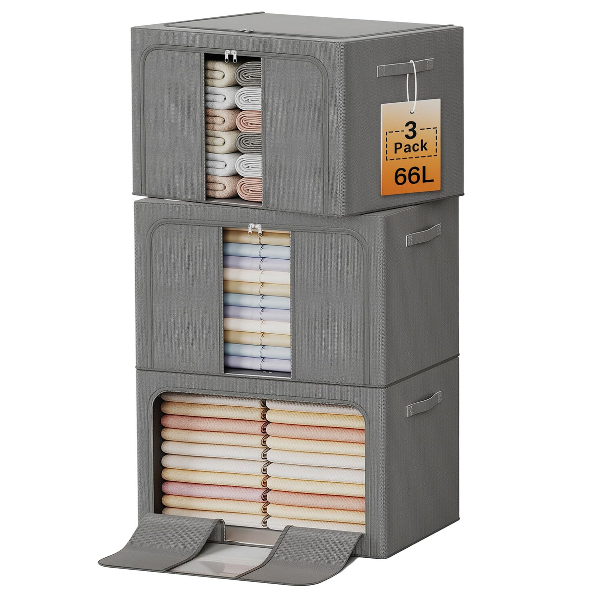 Clothes Storage Bins with Metal Frame Foldable Storage Box Clothes Organizers Storage Containers for Clothes Sheets Blankets Books Toys Gifts and Holiday Decorations (66Lx3 Pack)