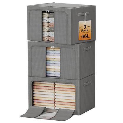 Clothes Storage Bins with Metal Frame Foldable Storage Box Clothes Organizers Storage Containers for Clothes Sheets Blankets Books Toys Gifts and Holiday Decorations (66Lx3 Pack)