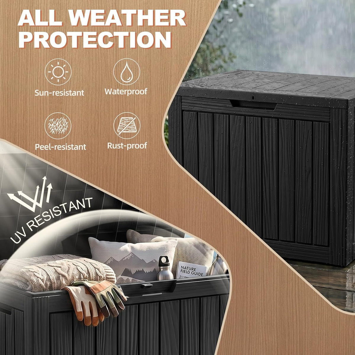 EFU Outdoor Storage Box 60 Gallon Deck Box, Waterproof Resin, Black