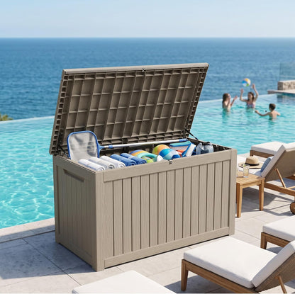 300 Gallon Resin Deck Box Waterproof Outdoor Storage Box for Patio Furniture Pool Accessories Indoor Storage for Cushion Garden Tools, Grey
