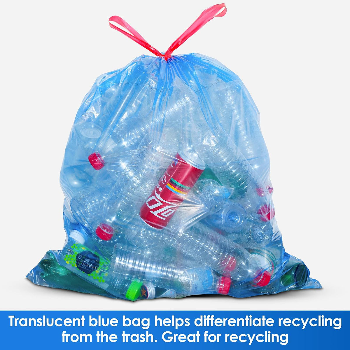 HygiCare 13 Gallon Recycling Trash Bags, Unscented 200 Count Drawstring Tall Kitchen Garbage Bags, Pre-Separated, Ultra Strong, Leakproof, Sturdy, Translucent Blue