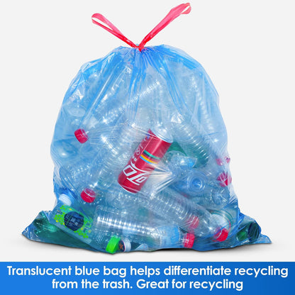 HygiCare 13 Gallon Recycling Trash Bags, Unscented 200 Count Drawstring Tall Kitchen Garbage Bags, Pre-Separated, Ultra Strong, Leakproof, Sturdy, Translucent Blue