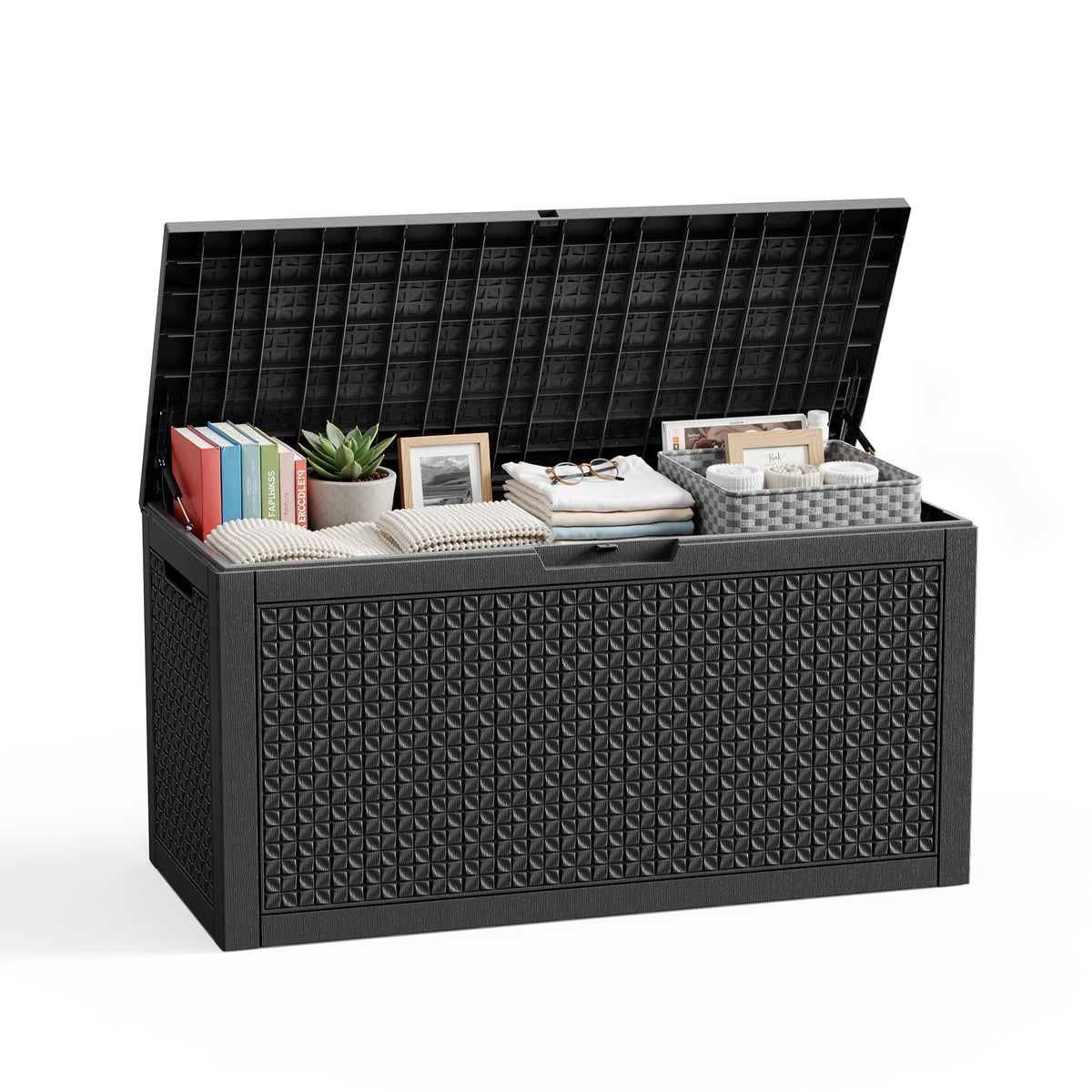 PatioZen 150 Gallon Resin Deck Box, Lockable Patio Outdoor Storage Box for Furniture, Garden Tools and Tools Storage, Waterproof Outside Storage Boxes - Black